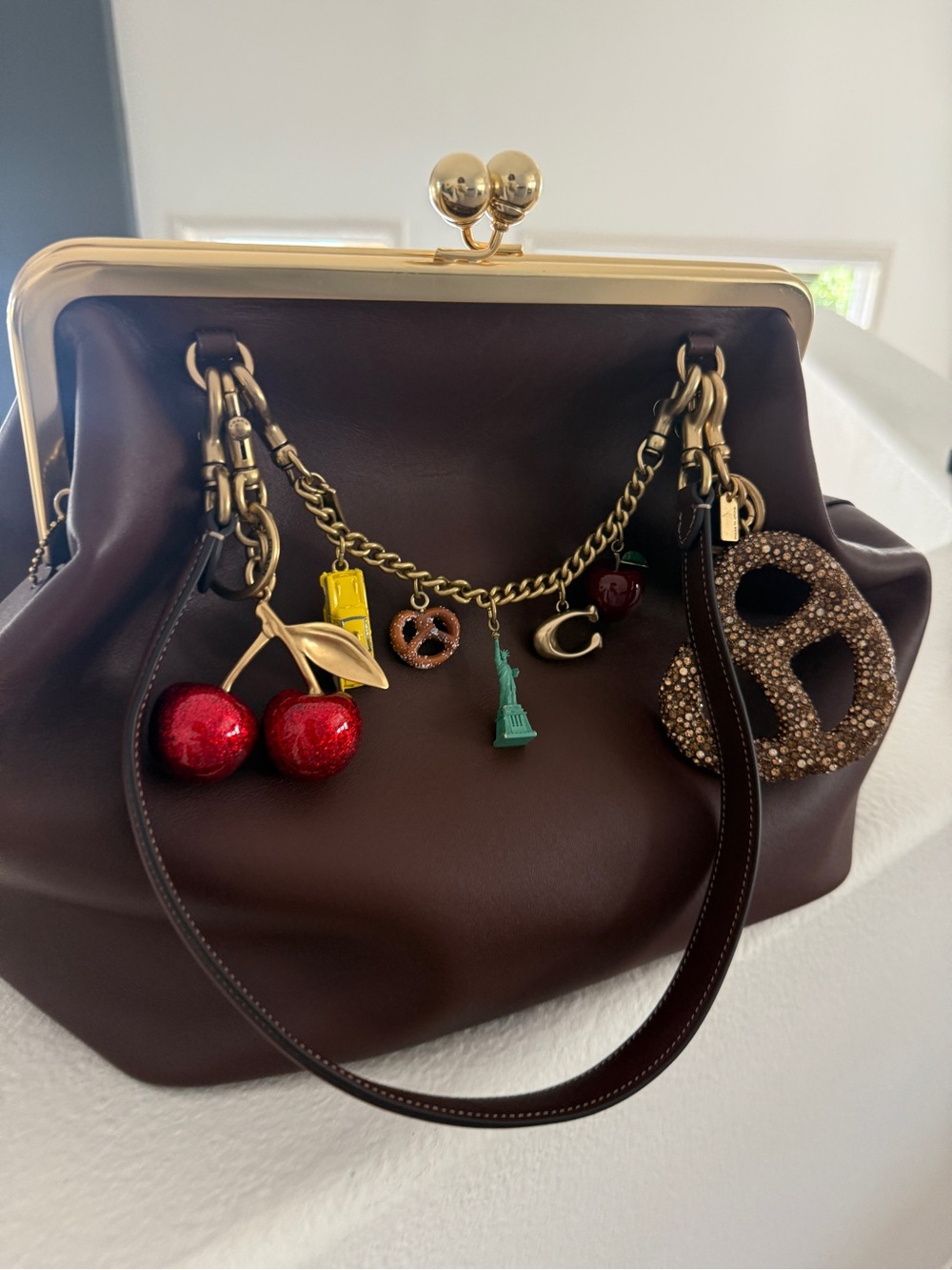 Leather Top-Frame Handbag with Charm Accents - Dark Brown